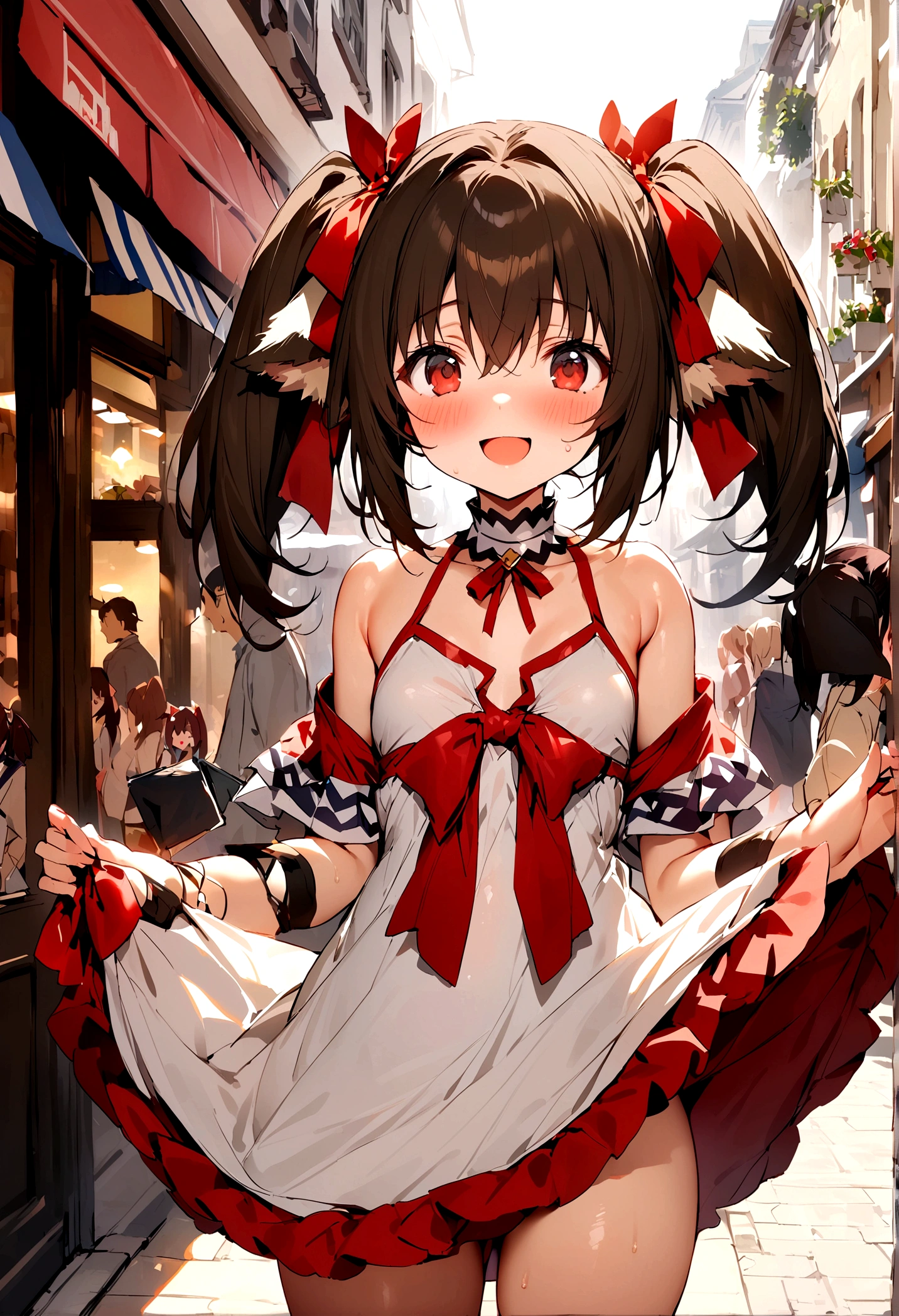 NSFW,masterpiece,Highest quality,High resolution,Super detailed,nekone \(utawarerumono\),Brown Hair、（Red Eye：1.3）、ribbon,Animal Ears,Twin tails、ヘアribbon、Mole、目の下のMole,Small breasts,High-quality silk dress,blush,Expecting face,Be nervous,smile,bustling street,Shopping