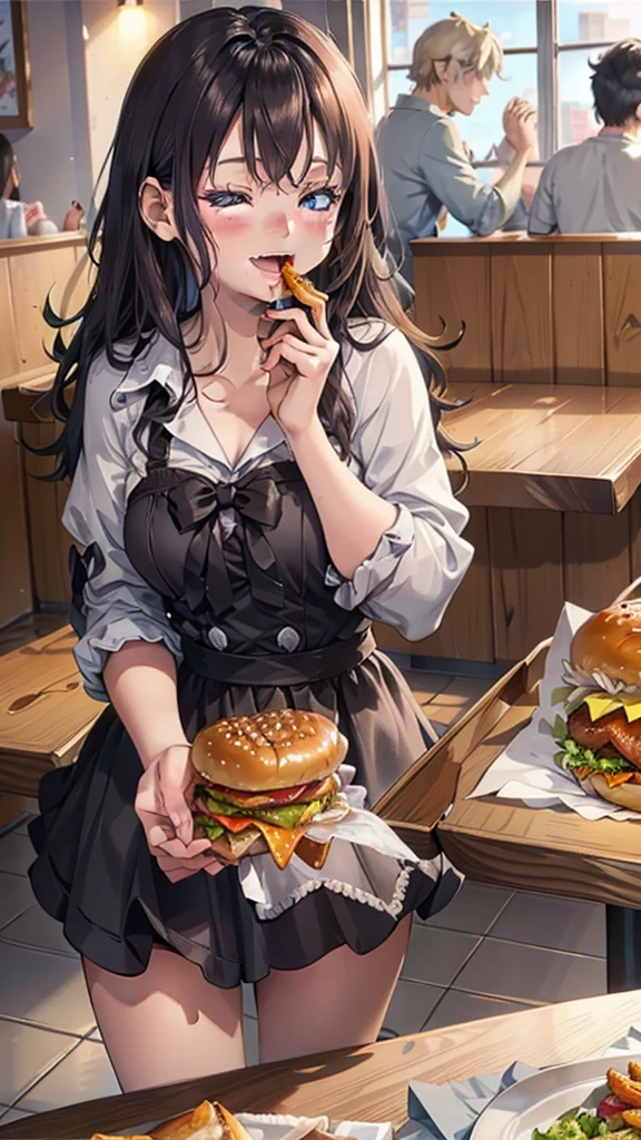 1 beauty，17-year-old high school girl, Watery Big Eyes，(Happy smile)，long eyelasher, Blushlush，Black Perm Hair,At a table in a fast food restaurant, (Close your eyes, Smile and open your mouth wide), ((Gnawing on a grabbed hamburger with both hands)),(Eat cleanly)