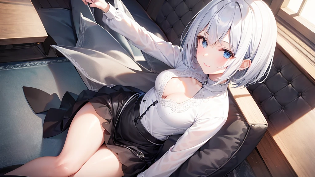 Ultra HD,Look at the viewers, Put your hands behind your back, With a girl, 20-year-old, 非常にShort Hair, Long bangs between the eyes, Pale blue eyes,  Very detailed,(masterpiece、Highest quality),Gray Hair、Laughter、Fantastic, Silver Hair, Iris,  Short hair、 Fluttering Hair、Small Face、明るいsmile、(Detailed face) ,Professional Lighting,Wonderful landscape,blue sky, sunlight,Looking down from above,Portraiture、Open your mouth、Flower Field、Her eyes were shining、Mysterious and enchanting atmosphere。With AI Painting、とてもShort Hair, Long bangs between the eyes, Very detailed,(masterpiece、Highest quality)、alone、Gray Hair、Fantasy, Silver Hair, Fantasyな風景、White shirt、smile、Open your mouth、short hair、Short Hair、hairpin、black eye、Grey Eyes、Beautiful Eyes、