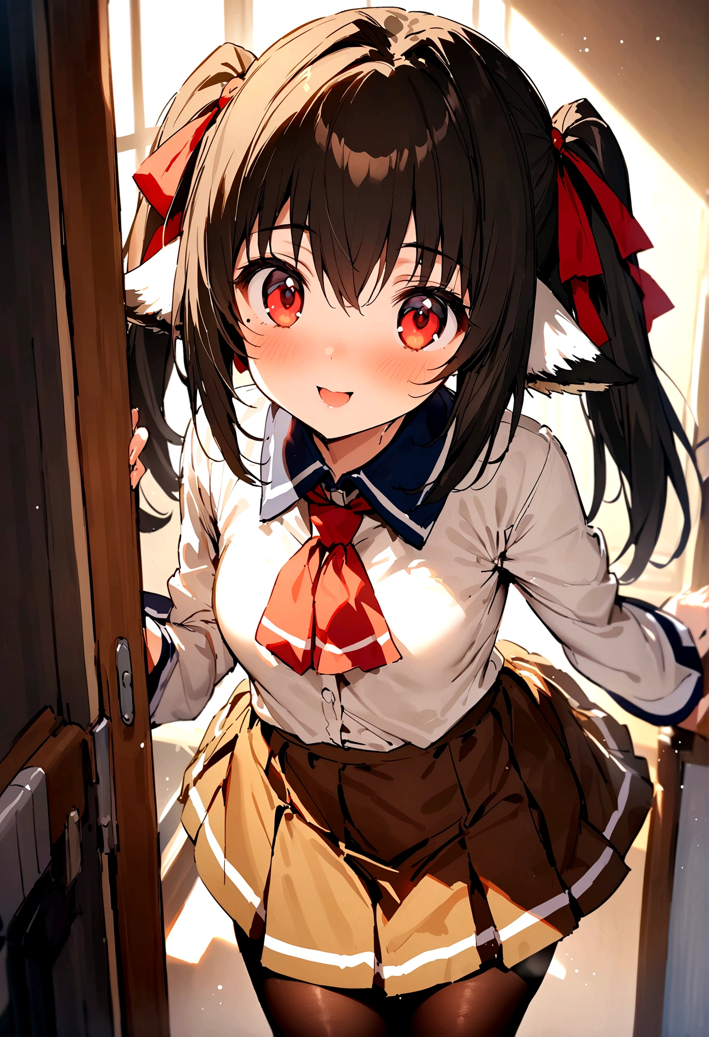 NSFW,masterpiece,Highest quality,High resolution,Super detailed,nekone \(utawarerumono\),Brown Hair、(Red Eye:1.3)、ribbon、Animal Ears、Twin tails、ヘアribbon、Mole、目の下のMole,Small breasts,uniform,mini skirt,pantyhose,School