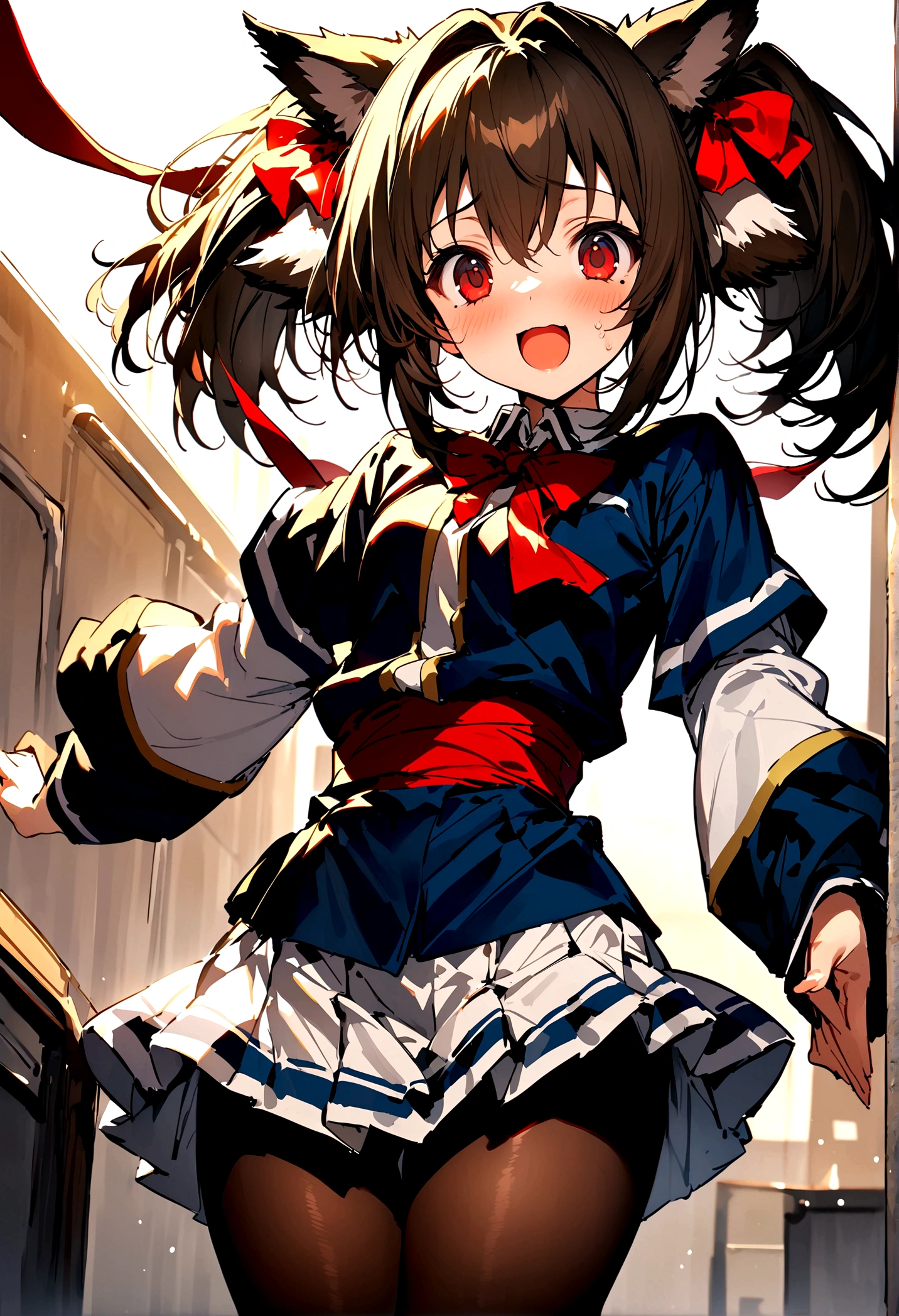 NSFW,masterpiece,Highest quality,High resolution,Super detailed,nekone \(utawarerumono\),Brown Hair、(Red Eye:1.3)、ribbon、Animal Ears、Twin tails、ヘアribbon、Mole、目の下のMole,Small breasts,uniform,mini skirt,pantyhose,School