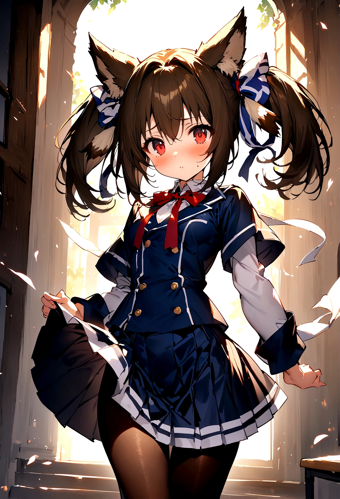 NSFW,masterpiece,Highest quality,High resolution,Super detailed,nekone \(utawarerumono\),Brown Hair、（Red Eye：1.3）、ribbon、Animal Ears、Twin tails、ヘアribbon、Mole、目の下のMole,Small breasts,uniform,mini skirt,pantyhose,School