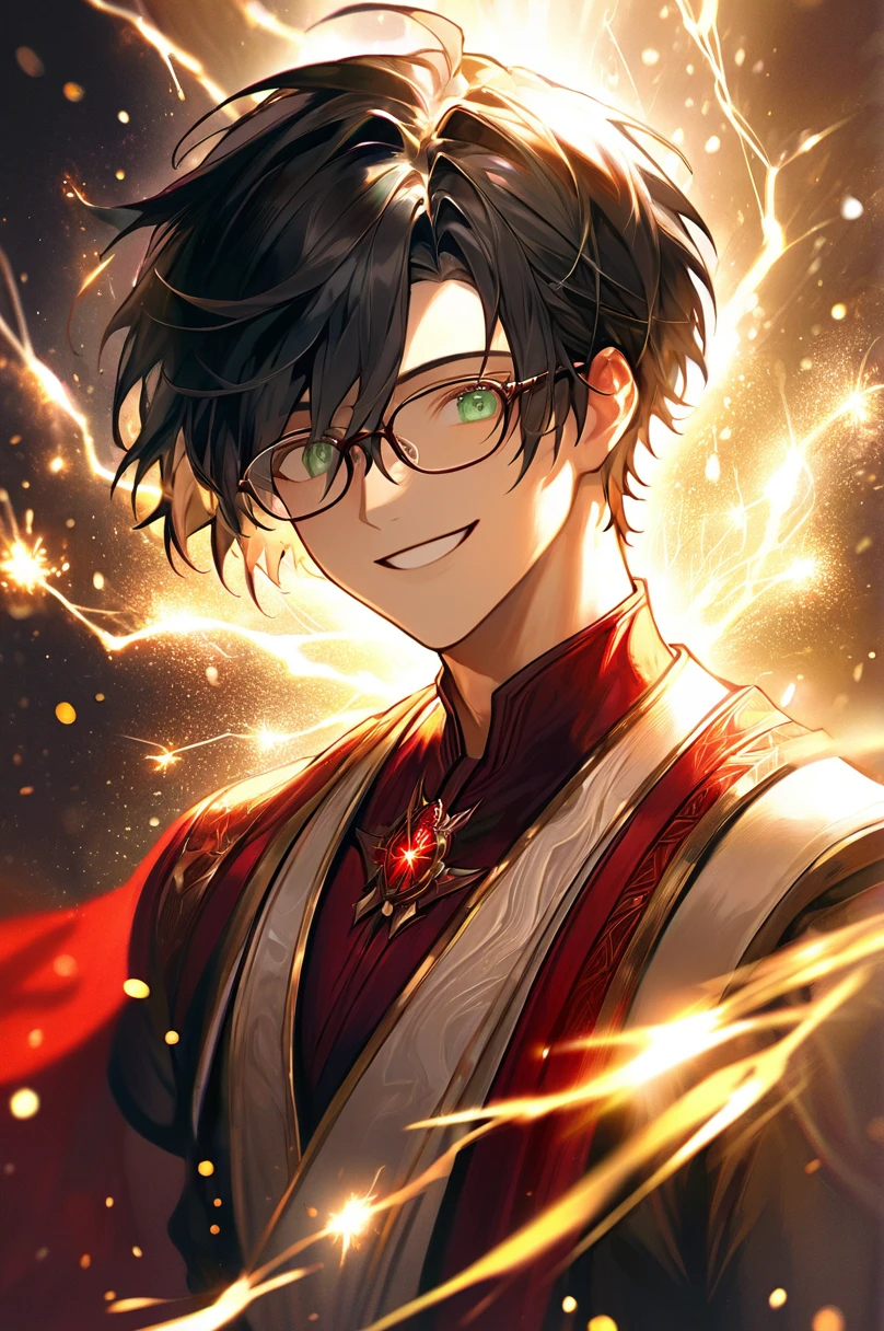 masterpiece, best quality, 1 male, young, tall muscular, handsome, finely detailed eyes, intricate details, black hair, short hair, smile, solo, upper body, detailed background, detailed face, good sorcerer, color magical robes, determined expression, white color scheme, dark crimson light, glowing magical runes, realistic lighting, floating particles, sparks, surrounded by gold lightning red arcane symbols, corrupted by eldritch power, bloom, glasses. evil face