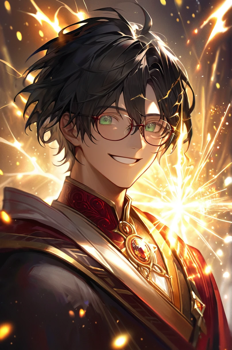 masterpiece, best quality, 1 male, young, tall muscular, handsome, finely detailed eyes, intricate details, black hair, short hair, smile, solo, upper body, detailed background, detailed face, good sorcerer, color magical robes, determined expression, white color scheme, dark crimson light, glowing magical runes, realistic lighting, floating particles, sparks, surrounded by gold lightning red arcane symbols, corrupted by eldritch power, bloom, glasses. evil face