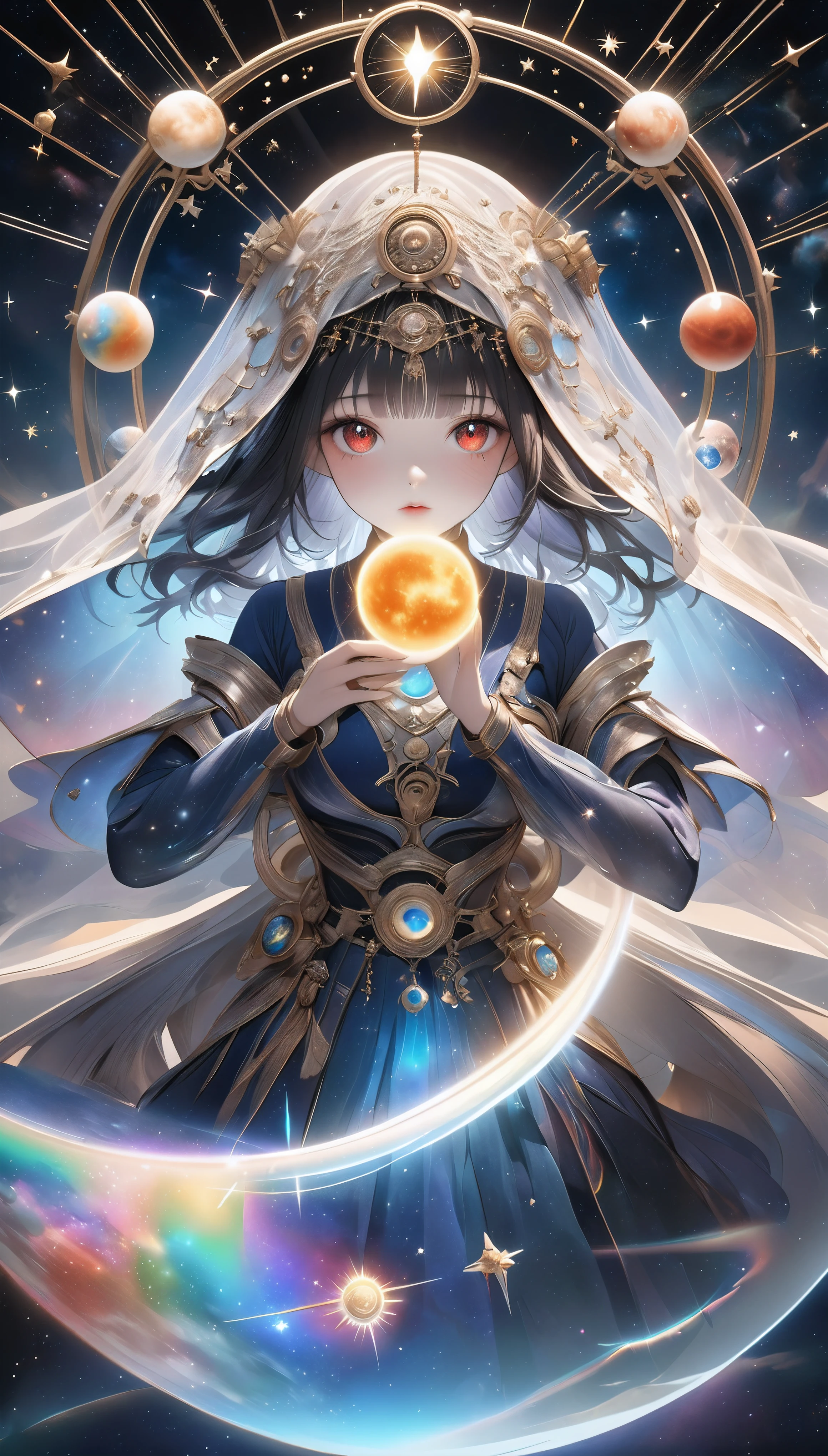 Attractive Babylonian woman, alone, Horoscope Astrology Expert, astronomy: Mastering Astronomy,
BREAK Attractive brown skin, Detailed and moist texture, Traditional and glamorous costume, Detailed and gorgeous pattern, Realistic metal decoration, Absurd aesthetics,
BREAK Antique Horoscope, Aesthetic and accurate astrology, A celestial body that speaks to your mind, Fantasy rainbow night sky, Holographic Coating,
BREAK ((A transparent iridescent veil covering the mouth and nose)), Extremely high transparency, Aesthetic holographic reflections, Alluring red lips,
BREAK (((High-precision astrology, Horoscope and celestial alignment, A celestial body floating in my mind, The structure of future sight))),
BREAK Captivating eyes staring at the viewer, Staring into the viewer's inner self with clear, unclouded eyes, Absurd aesthetics,
BREAK Professional spray work, Detailed and intricate texture, Detailed and intricate brushwork, Detailed and clear depiction, Anatomically correct, Absurd aesthetics,
BREAK A dark background that makes the subject stand out, dramatic cinematographic lighting, Fantastic Fog,
(Dynamic wide full body shot, shot from above:1.3),
BREAK Highest quality, Highest Resolution, Octane Rendering, super retina vision, NRART,