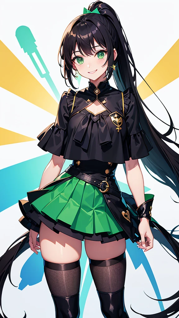 Magical girl　Black costume　mini skirt　Green ponytail　smile　Great style　universe space