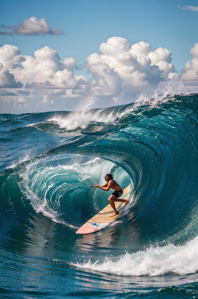 create modern surfing photos: one person swims out on a surfboard from the middle of a ring of a tall beautiful powerful wave Use bright and attractive colors.
Target audience: People, passionate about travel, extreme sports and adventure. average person