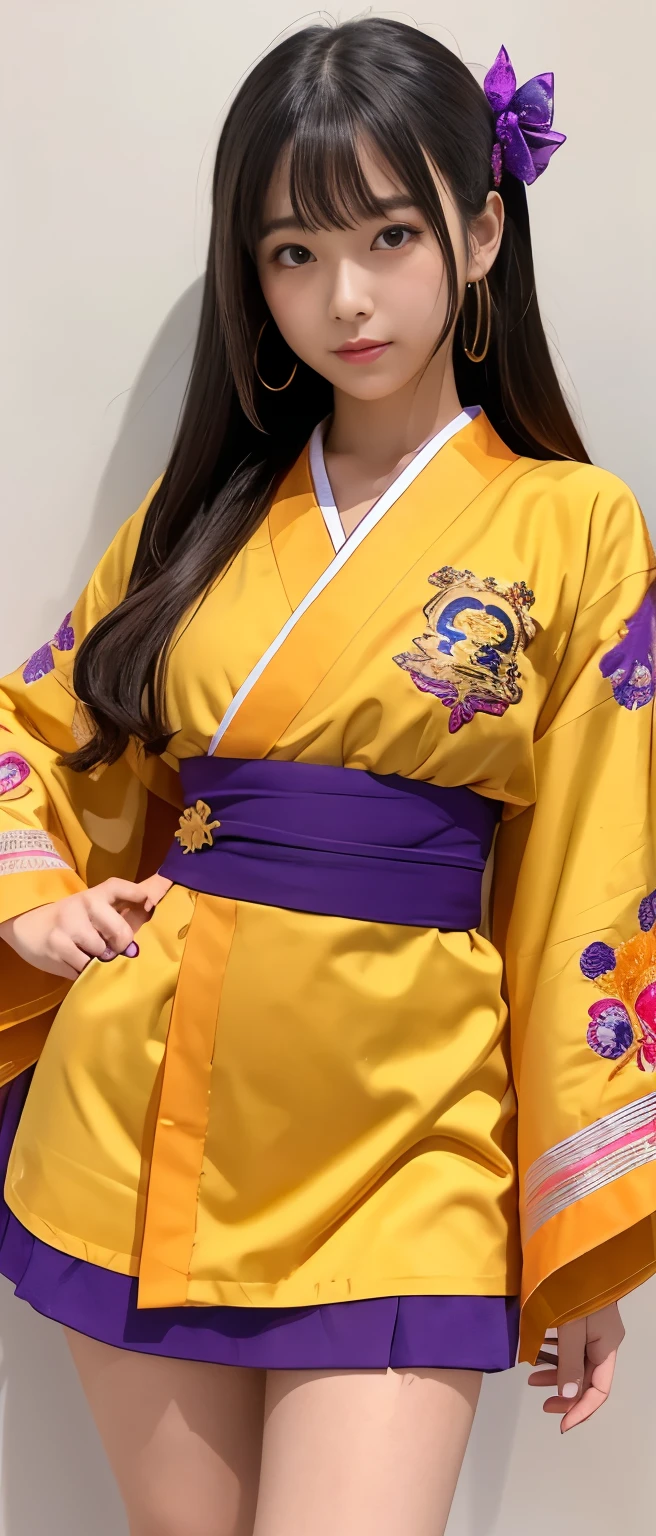 A cute and mysterious idol girl、whole body、Good style、、、、、、、、、、Thick legs、、Gold orange and purple armor mini kimono(Sun Embroidery)、Neat and clean idol face、、、