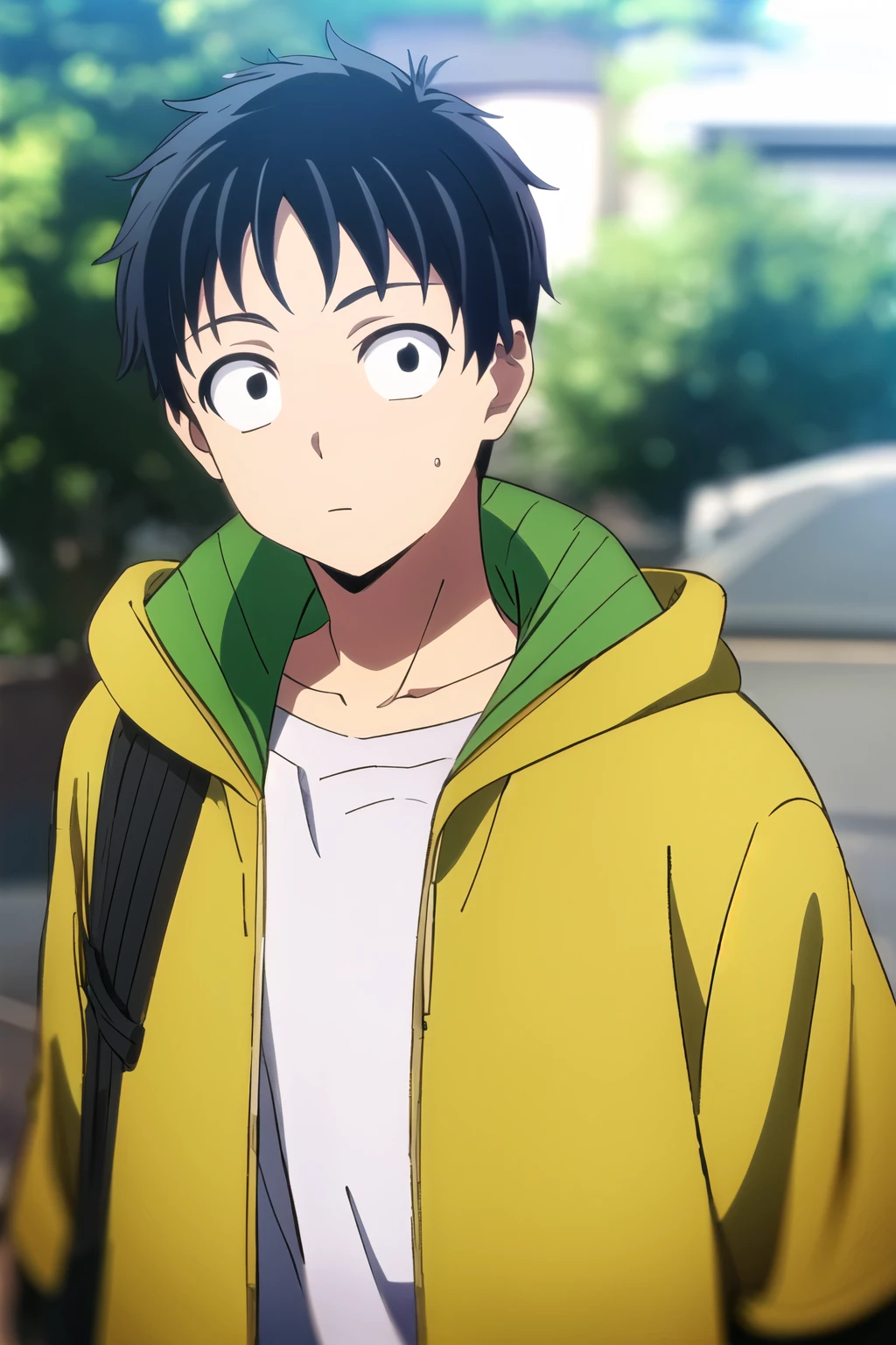 masterpiece, best quality, sketch, 1boy, solo, male focus, looking at viewer, upper body, depth of field, yellow hoodie, realistic, akira_tendou, black hair, black eyes, wide-eyed