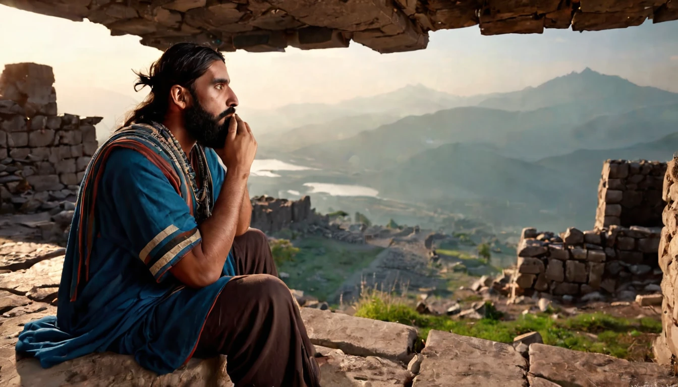 man, with a black beard, dressed in the tunics of an ancient ethnic group from Jeruzalen, sitting among ruins, sadly holding his face, he has lost everything. sunrise sky, mountains in the distance, ethereal atmosphere, cinematic lighting, photorealistic, (best quality, 8k, high resolution, masterpiece: 1.2), ultra detailed, realistic, photorealistic: 1.37, spectacular lighting, moody, fantasy, art conceptual