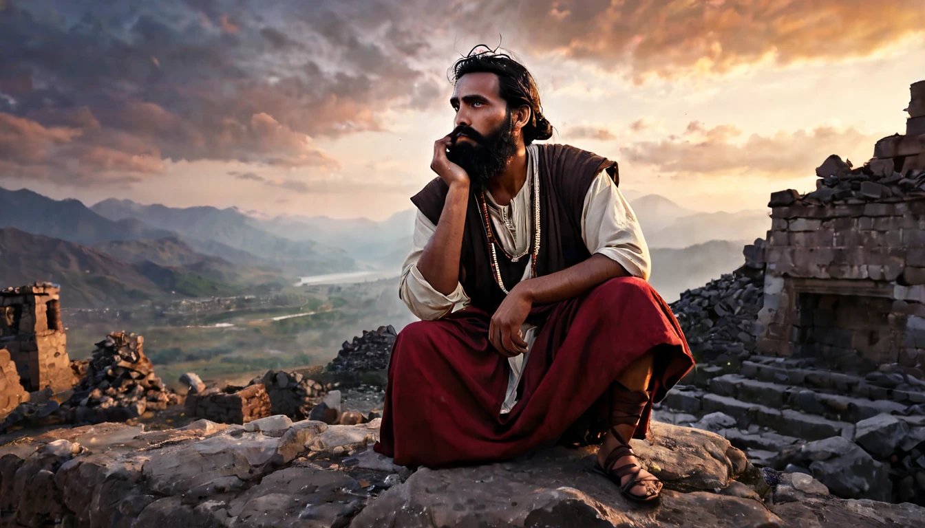 man, with a black beard, dressed in the tunics of an ancient ethnic group from Jeruzalen, sitting among ruins, sadly holding his face, he has lost everything. sunrise sky, mountains in the distance, ethereal atmosphere, cinematic lighting, photorealistic, (best quality, 8k, high resolution, masterpiece: 1.2), ultra detailed, realistic, photorealistic: 1.37, spectacular lighting, moody, fantasy, art conceptual