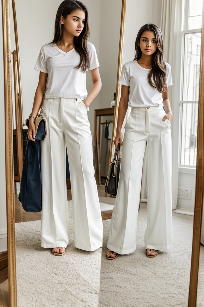 16 year old teenage girl, wide pants, white top, Longchamp bag, pictured in front of her mirror