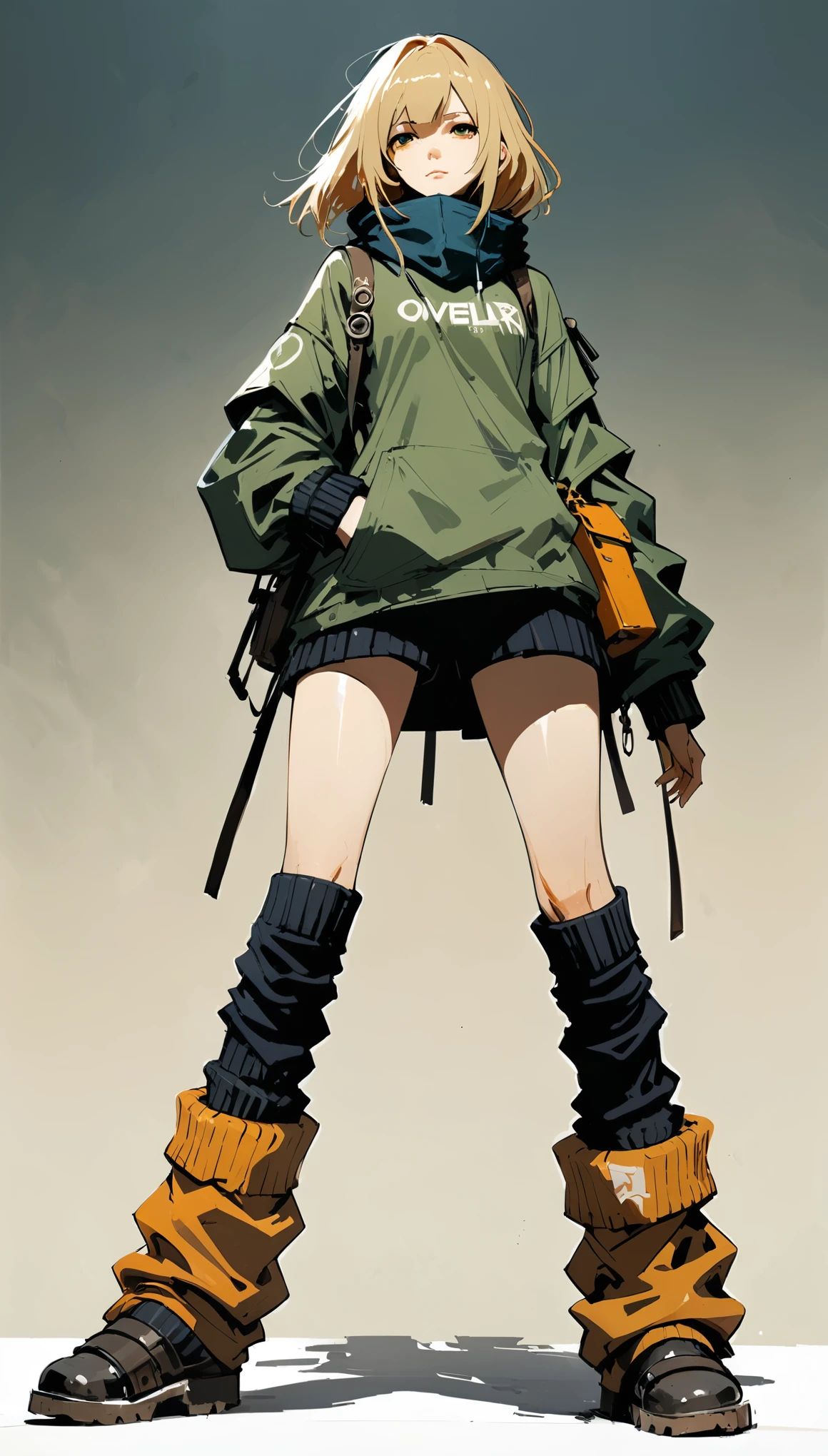 in style of Ashley Wood, character concept design, legs,fullbdoy shot,(((oversize leg warmers))),wide angle, form below,