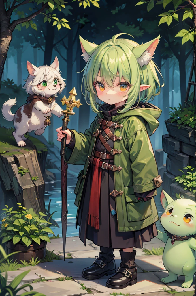Goblin，Stone Spear，Green Skin，Short stature，primary，Shabby，Clothes Animal Skins，Ragged animal skin coat，，一群Goblin，Non-human

