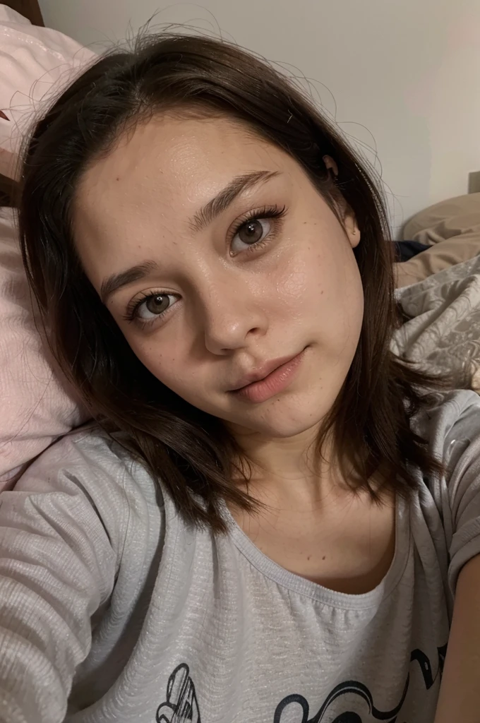 1 Girl, SELFIE recostada en su cama, vestida con pijama, 21 years old, Brown hair , Short hair reaching shoulders, Gray eyes