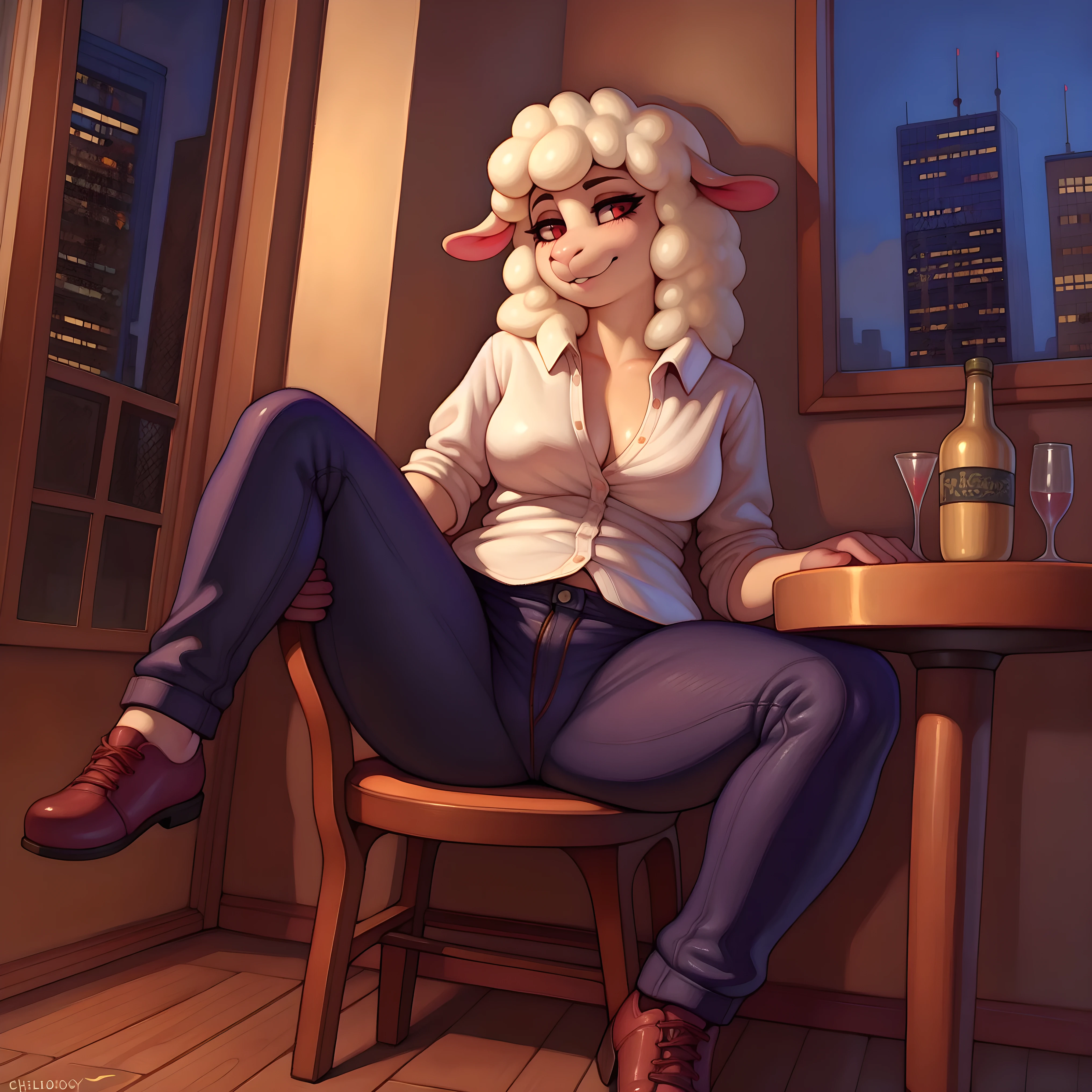 sheep, female, white blouse, tight pants, pubic hair, spread legs, sitting on the table, drunk, smirk, hands between legs, on 32 floor, panoramic window, city behind window, night, unzipped pants, by chelodoy, pink panties