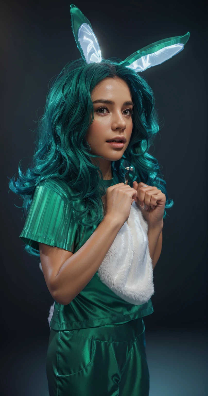 The image depicts a young girl with green hair and a costume that resembles a teddy bear. She is holding a white object in her right hand and has her left hand on her chest, smooth 3d model, glossy plastic texture, multiple light sources, rim light, sharp post effects render, most beautiful vfx, , realistic, 4k, high resolution, rim light, smooth 3d model. ,  glossy texture, smooth 3d model, multiple light sources, rim light, sharp post effects render, (glossy plastic texture with multiple big light probe refractions), perfect cgi,   reflective, best quality, 4k, masterpiece:1.2, ultra-detailed, realistic, vivid colors, The image of the highest quality, ensuring every detail showcased perfectly. It in 4k resolution, allowing viewers to immerse themselves in the richness of the colors and intricate details. The realistic rendering. under the spotlight, reflecting, high-resolution image, realistic rendering