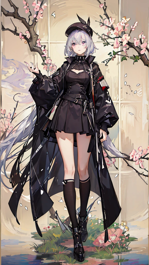 masterpiece, Highest quality, 4K, Ultra-high resolution, mishoujo, Painting, Beautiful eyes and fine face, figure, Beautiful details, high resolution figure, Shine_white_particle, One girl, white hair, Light purple eyes, Hair on one eye, Short side details, Baseball cap,Expressionless, Window Shades, Black jacket, Chest Rig, cyber punk, Techwear,(Impressionism:1.4)