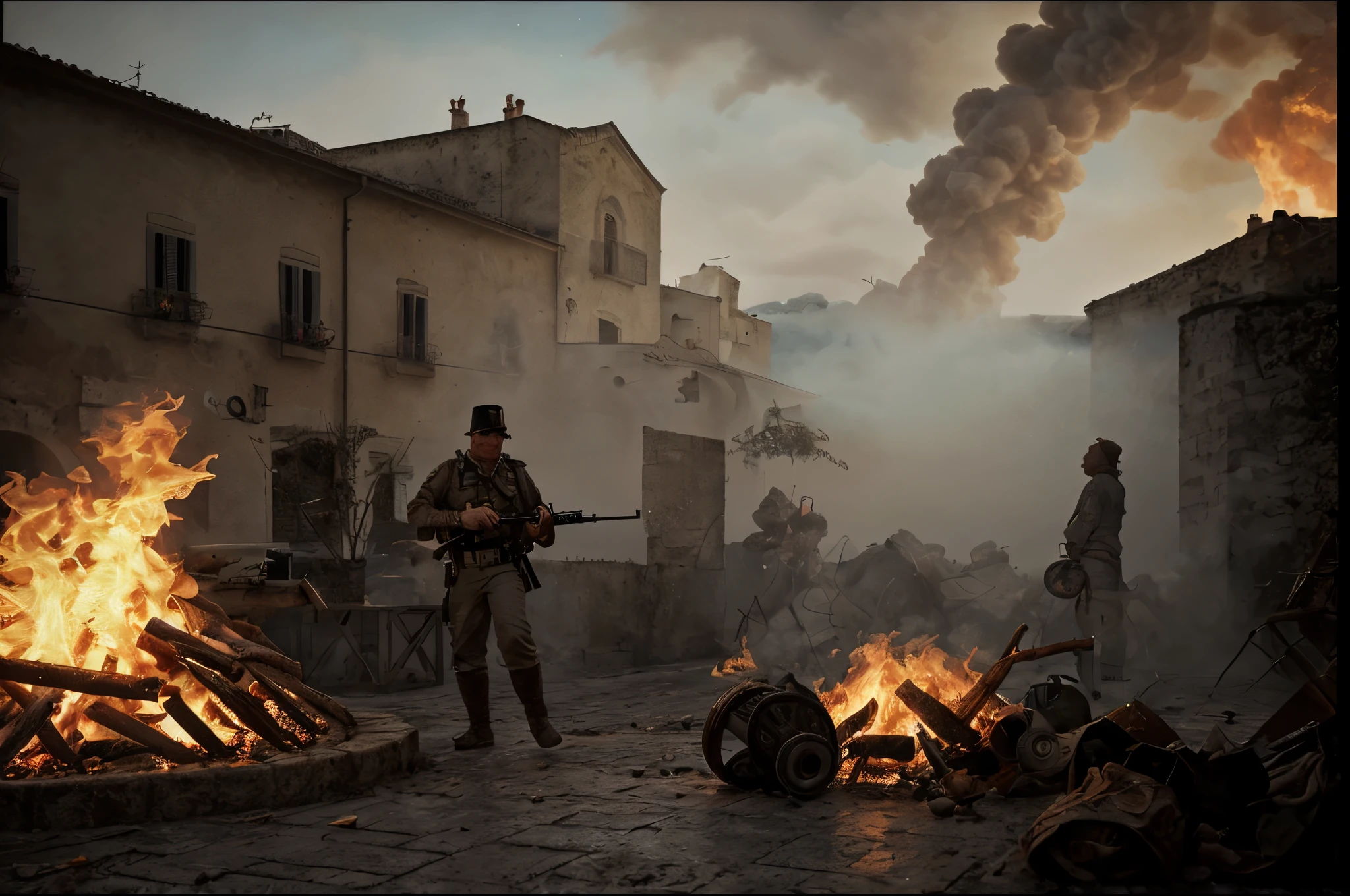 battle-siege, in sassi_di_matera, Italian town, [The character (complete) is surrounded by mist, evoking a mysterious and eerie atmosphere. The lighting is dark and atmospheric, with a red smoke adding a touch of sinister ambiance. Best quality image, with a resolution of 4k and HDR enhancement, showcasing the utmost level of detail and realism, full body shot:1.5].

[8K, Best Quality, Masterpiece, Ultra High Resolution, (highly detailed CG unity 8k wallpaper), (best photo), (best shadows), isometric 3D, octane rendering, ray tracing, highly detailed, (Best quality, 4K, 8k, A high resolution, masterpiece:1.2), absurdity, ultra detailed, (realistic, photorealistic, photorealistic:1.37), complex parts, HDR, (complex parts:1.12), (hyper detailed, hyper realistic, Soft lighting, spicy:1.2), (complex parts, Hyper detailed:1.15). Blurred foreground. (backlit), masterpiece, high quality, brightness, chromatic aberration, 8k uhd, foggy smoke, burning flames, shadows, contrast, clear sky, (warm hue, warm tone), high details, natural reflections]. 