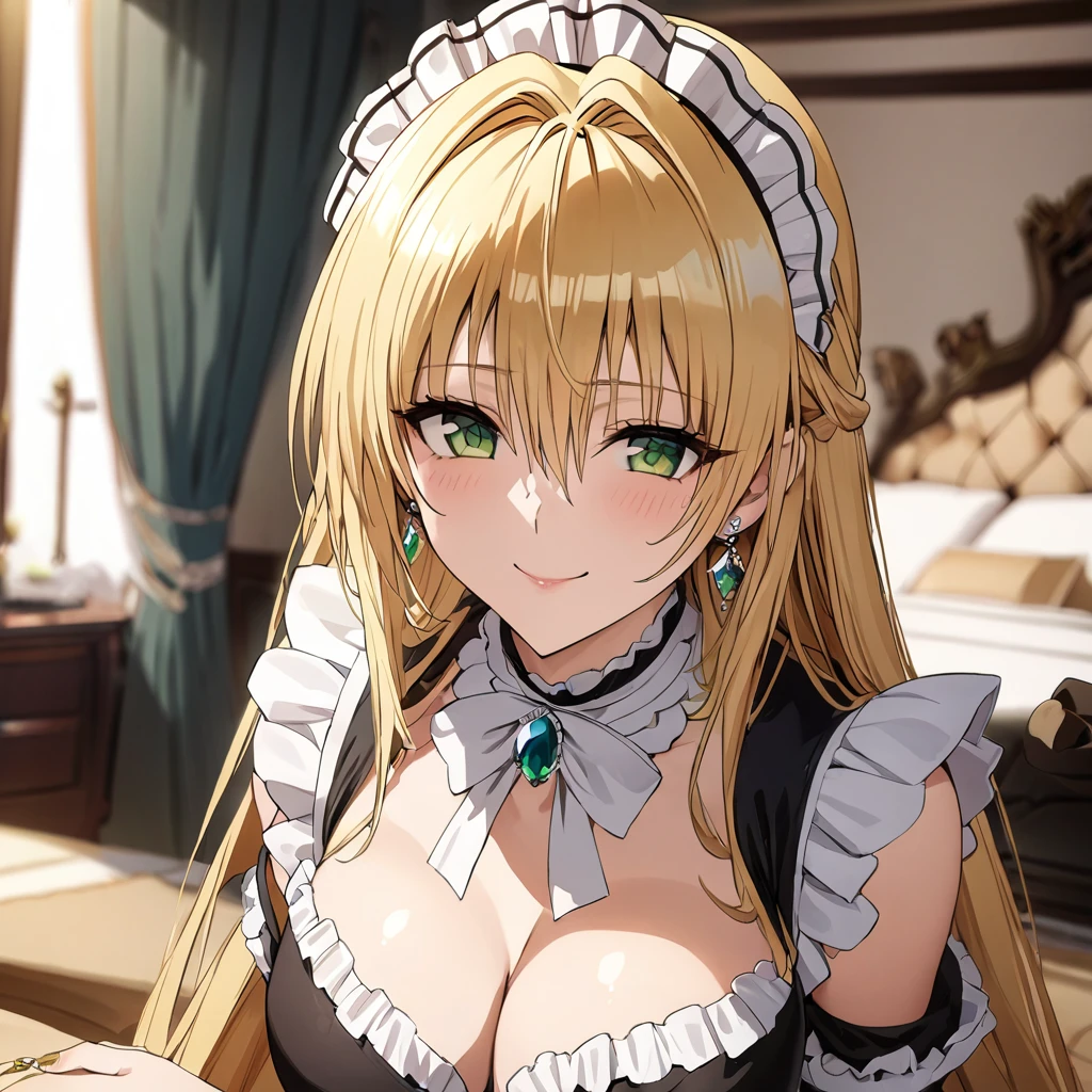 ((Highest quality)), ((masterpiece)), (detailed), (Perfect Face)、The woman is Tierre, with green eyes, medium-long blonde hair, a Victorian maid outfit and maid headband, jeweled earrings, and an engagement ring.、The woman is smiling fondly in a luxurious room
