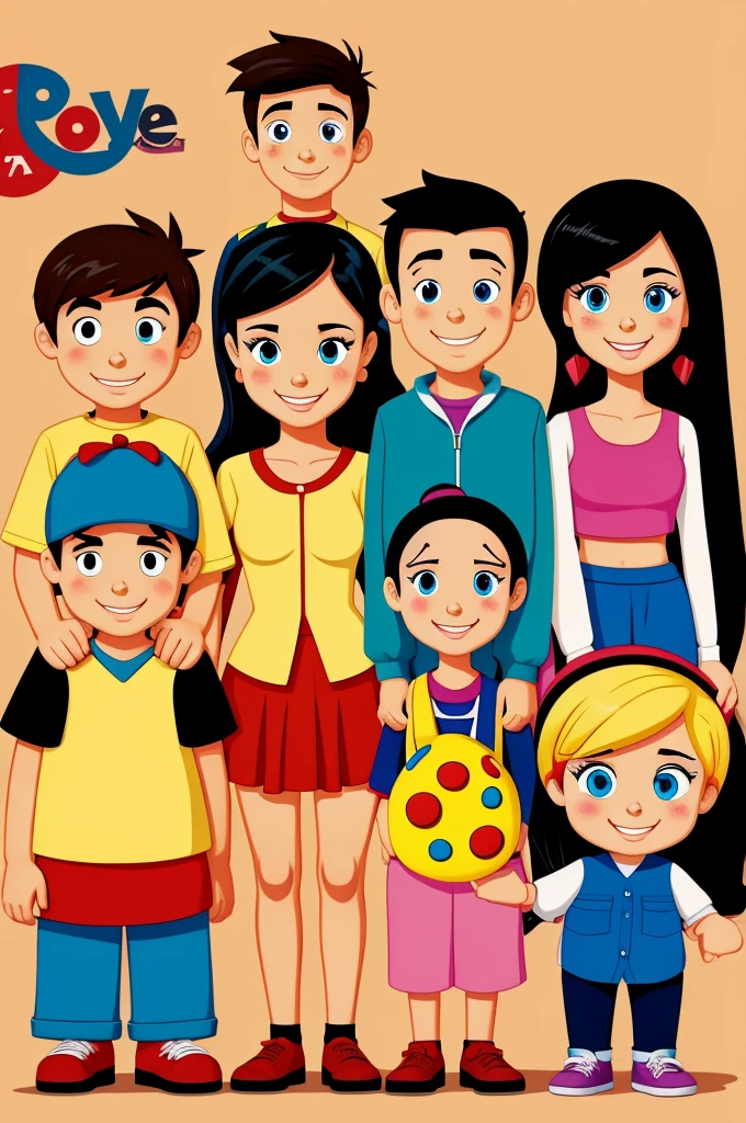 Cartoon characters in one image, 2 girls and 3 boys.