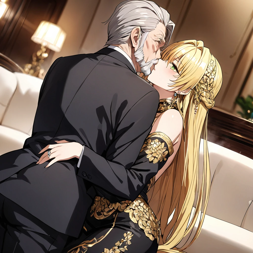 ((Highest quality)), ((masterpiece)), (detailed), (Perfect Face)、The woman is a thief with green eyes and medium-long blonde hair. She is wearing a luxurious black skirt-type suit with gold embroidery and trim, a luxurious and elegant white blouse with frills, jeweled earrings, and an engagement ring.、The woman is embraced by the man on a luxurious sofa in a luxurious room, the couple are kissing and cuddling in love、The man is a dignified, bearded old man, extremely wealthy, wearing an expensive suit with lavish gold embroidery and trim, and wearing an engagement ring.