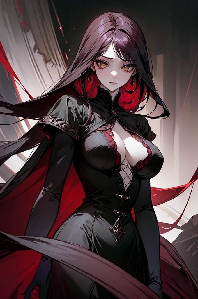 Beautiful adult girl, long straight burgundy hair, narrow green eyes, Long eyelashes, rich red and black palace dress, revealing clothes, big breasts, open bodice, deep neckline, Rich decorations, Dark background, pale picture, a lot of details, atmosphere of villainy, shine, uncertainty, disturbance