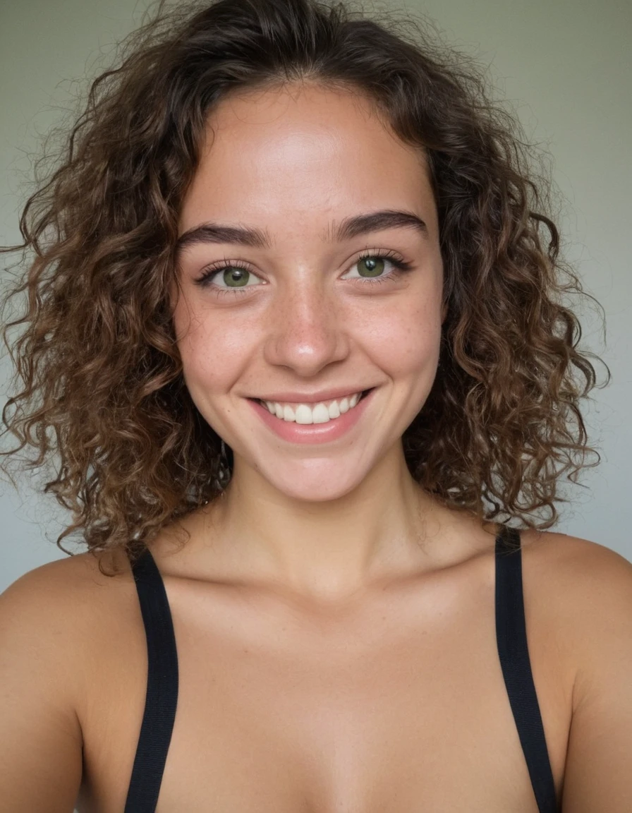 une femme magnifique de 25 ans , léger sourire , visage et yeux détaillés , Éclairage naturel , , cheveux bouclés, porter un costume ajusté, grain de film, faible contraste, visage naturel , cheveux noirs , yeux verts ,gros seins, grosses fesses,tous le corps, à la salle de sport