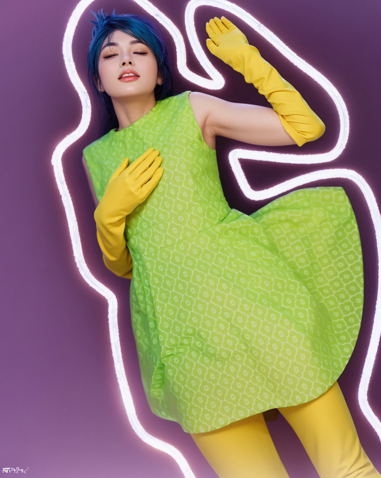This image showcases a woman with a radiant and serene beauty, highlighted by her glossy, satin-like skin that gives her a refined and graceful appearance. Her striking blue hair is styled in a modern, edgy cut, adding a vivid pop of color that contrasts beautifully with her delicate facial features. Her expression is peaceful, and her closed eyes evoke a sense of tranquility. She wears a bright green dress with a playful geometric pattern, complemented by bold yellow gloves that reach her elbows, enhancing her stylish and colorful ensemble. The overall composition is framed against a purple background with a white silhouette outline, which further accentuates her striking appearance and the vibrant colors of her attire. glossy texture, smooth 3d model, multiple light sources, rim light, sharp post effects render, (glossy plastic texture with multiple big light probe refractions), perfect cgi, smooth silhouette, high intensity refraction, (super glossy plastic material), most beautiful vfx, , realistic, 4k, high resolution, rim light, smooth 3d model, multiple light sources, rim light, sharp post effects render,, realistic, 4k, high resolution, rim light detailed digital art, reflective, best quality, 4k, masterpiece:1.2, ultra-detailed, realistic, vivid colors, The image of the highest quality, ensuring every detail showcased perfectly. It in 4k resolution, allowing viewers to immerse themselves in the richness of the colors and intricate details. The realistic rendering. under the spotlight, reflecting, high-resolution image, realistic rendering
