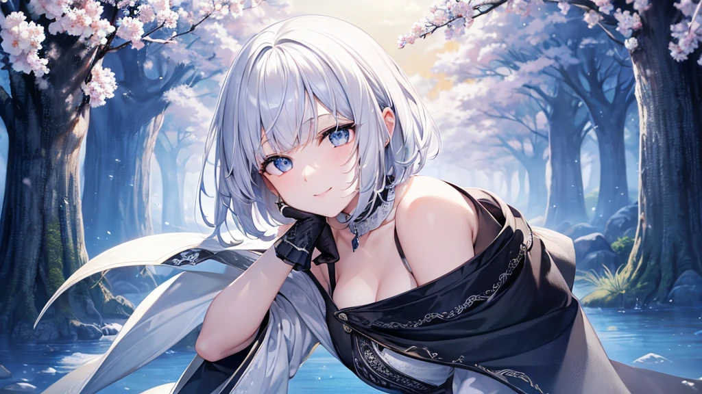 Ultra HD,Look at the viewers, Put your hands behind your back, With a girl, 20-year-old, 非常にShort Hair, Long bangs between the eyes, Pale blue eyes, Very detailed,(masterpiece、Highest quality),Gray Hair、Laughter、Fantastic, Silver Hair, Iris, Short hair、 Fluttering Hair、Small Face、明るいsmile、(Detailed face) ,Professional Lighting,Wonderful landscape,blue sky, sunlight,Looking down from above,Portraiture、Open your mouth、Flower Field、Her eyes were shining、Mysterious and enchanting atmosphere。With AI Painting、とてもShort Hair, Long bangs between the eyes, Very detailed,(masterpiece、Highest quality)、alone、Gray Hair、Fantasy, Silver Hair, Fantasyな風景、White shirt、smile、Open your mouth、short hair、Short Hair、hairpin、black eye、Grey Eyes、Beautiful Eyes、