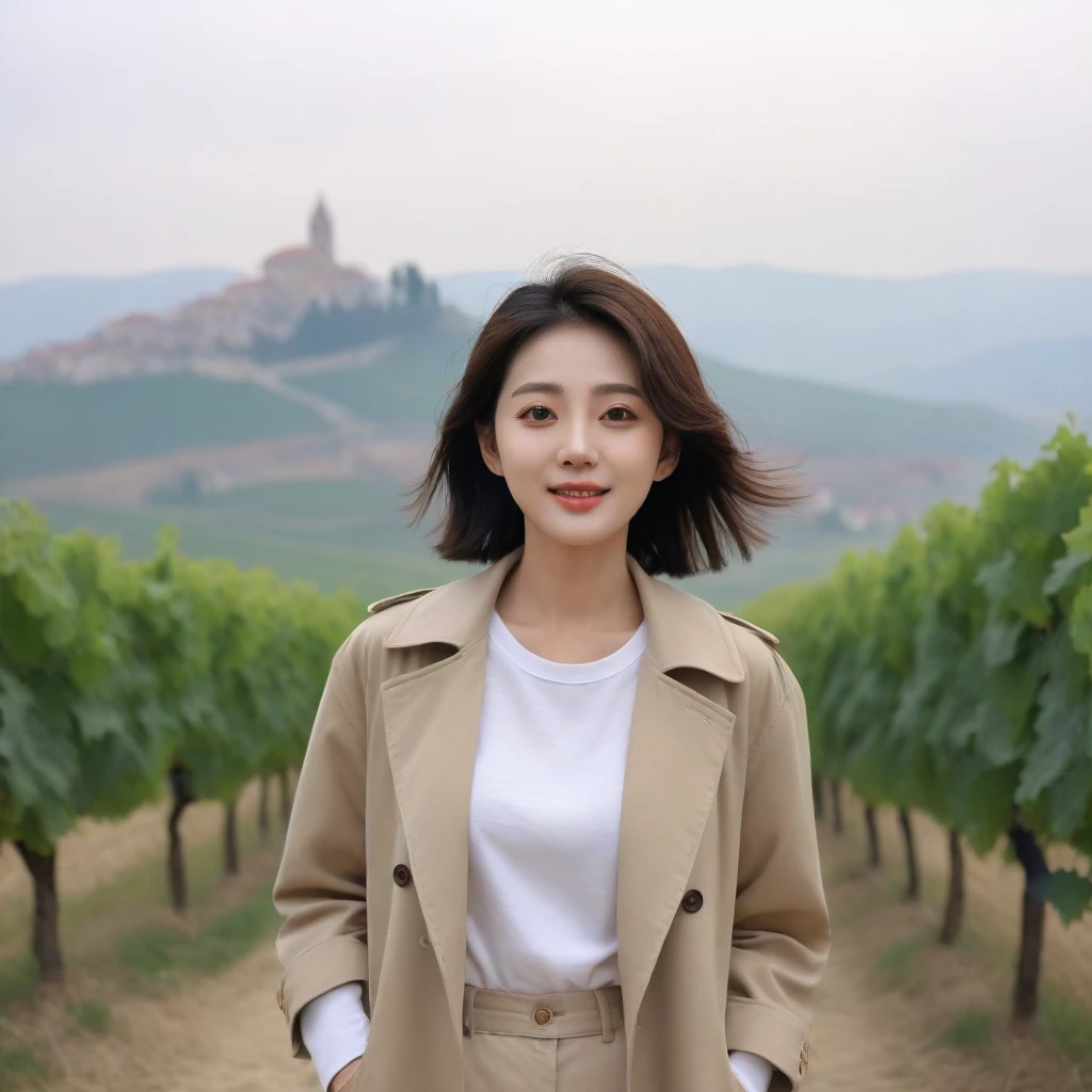 k Best picture quality, Beautiful 36-year-old Korean woman, You have good skin and big and pretty eyes... clear and nice weather. Chest size 34 inches, italian countryside, past the vineyard, The cathedral can be seen in the distance in thick fog.., The back background is realistic and vivid quality., Short and medium hair blowing in the wind, A trench coat was neatly worn over a t-shirt.. beige casual pants, laugh. the background is clear, Short and slim Korean woman, stand far away, Photo taken with a wide-angle lens, One woman with big and pretty eyes, eyes are round and big