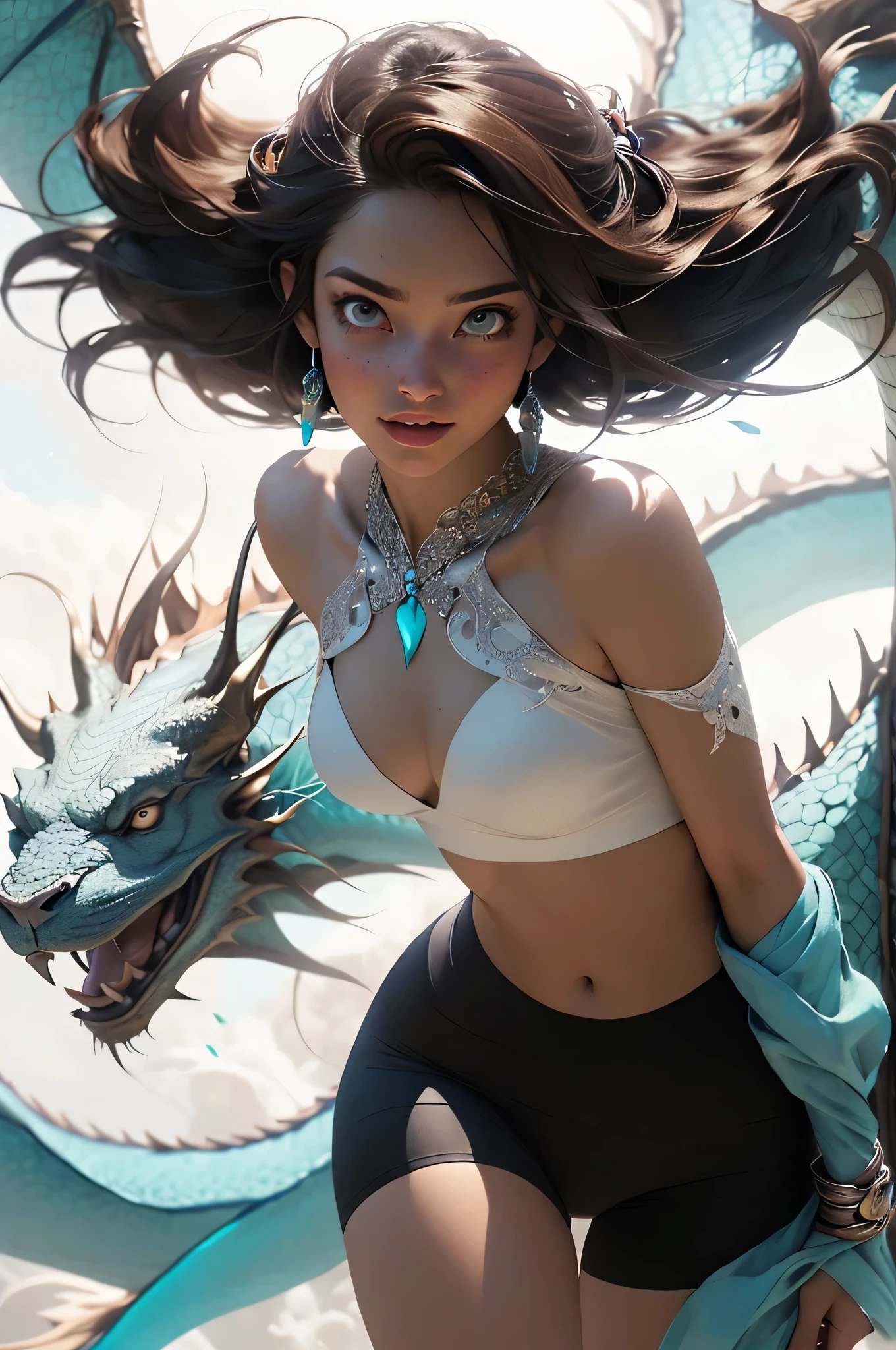 Full body shot, ((masterpiece))), (((best quality))), ((ultra-detailed)), (hyperrealistic), (highly detailed CG illustration), ((an extremely delicate and beautiful)), create a stunning anime artwork that is currently trending on ArtStation, showcasing exquisite beauty and captivating aesthetics.
The character in the artwork is a graceful and enchanting figure, young, radiating an aura of elegance. Pay close attention to intricate facial features, such as mesmerizing eyes with vibrant colors and delicate shading. Hair (((Light brown hair, long free flowing hair, floating in the air, wrapped around her))). sexy, seductive, lying on back.
The character's clothing should be designed with elaborate patterns, flowing see-through fabrics, and rich textures, reflecting a blend of fantasy and contemporary fashion. transparent clothing, bare chest, cleavage, bare stomach, bare shoulders. turquoise, black and white colour scheme. dramatic lighting, light particles. lens flare,
Captivating ethereal environment that enhances the overall appeal of the artwork. a mystical realm filled with magical elements. Incorporate vibrant colors, dynamic lighting, and detailed background elements to create a sense of depth and immersion. action pose. growling face.
Consider the latest trends in anime art, such as incorporating unique lighting effects, exploring creative composition techniques, or experimenting with unconventional color palettes. A dragon circles behind her
Take inspiration from the top artists on ArtStation and their exceptional execution of various art styles and themes. Camera: Choose an angle that highlights the character's beauty and the immersive environment. Lighting: Utilize atmospheric lighting techniques to create depth and mood. Resolution: Aim for a high-resolution artwork to showcase intricate details and clarity. Art Inspirations: Seek inspiration from the trending artists on ArtStation, exploring different styles, genres, and themes.