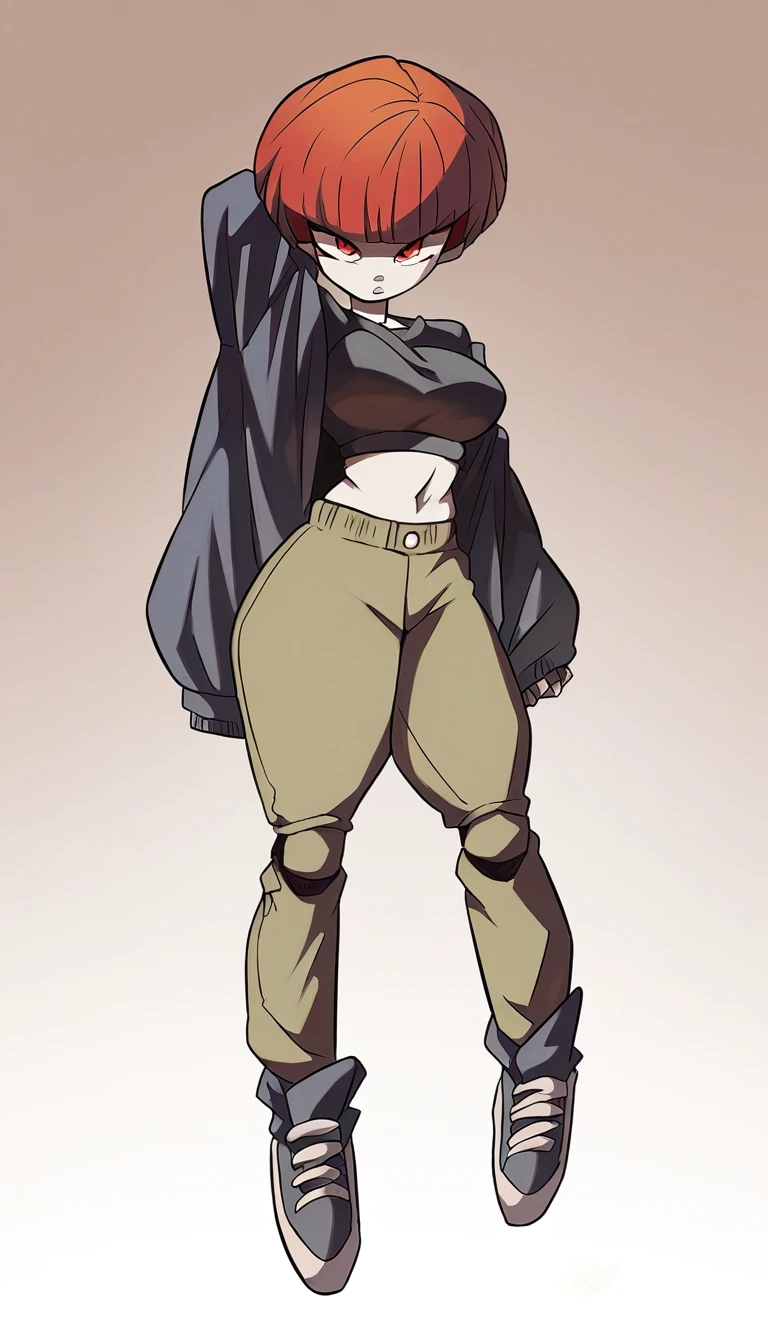 A tall sexy cute woman big breast attractive beautiful short brown hair short tousled cut her red eye wears metallic black bra shows navel a black thong pair long green socks black sneakers