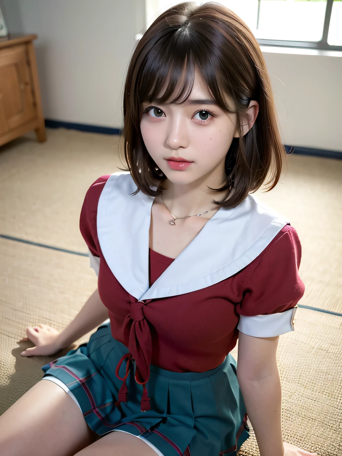 ((Highest quality))、(masterpiece:1.4)、RAW Photos、8K、((Best image quality))、 ((High resolution))、Beautiful face in every detail、Realistic human skin、Gentle expression、(One Woman:1.3 )、Realistic、Realistic、(Short Hair)、(Beautiful woman)、(Cute Japanese Girl)、(boyish:1.35)、((mannish))、((Beautiful woman))、(Beautiful Hair)、((Dark green hair))、(((Red cheeks)))、((Her eyes are big))、 year old beauty、(Her face is small:1.7)、Small Head、((Long neck))、White skin、Beautiful Skin、With bangs、Everyone longs for、Beautiful woman in Japan、eight-headed body、(necklace)Looking into the camera、smile、Happy expression、Dark green short hair、Oily shiny knee socks、(The perfect school girl uniform:1.3)、Blue ribbon sailor suit、(Beautiful small breasts:1.3)、(Red checkered mini skirt:1.2)、Light blue wall、