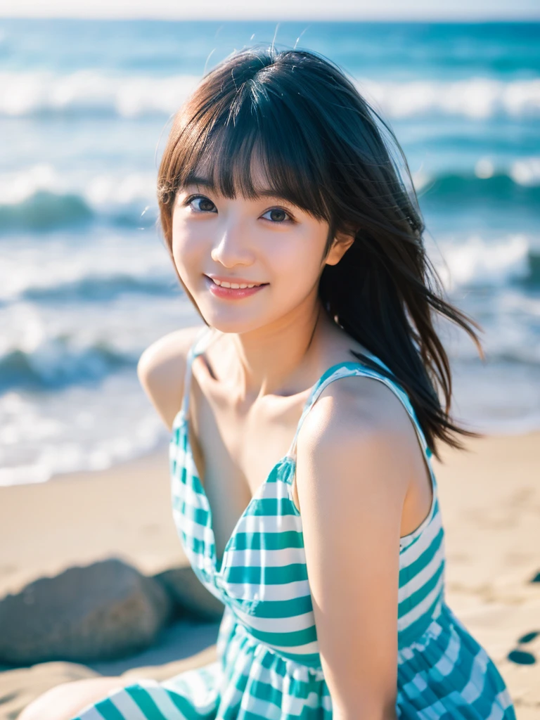 Image quality:best quality
Camera Focus: blur background
light:Side light
composition:Composition of thirds、Sideways orientation and eye view of the camera
person:20 years old woman,Japanese,actress
pose:Sitting Background: Ocean、Beach hairstyle: Short Bob、With bangs
Dress:casual
facial expression: happy