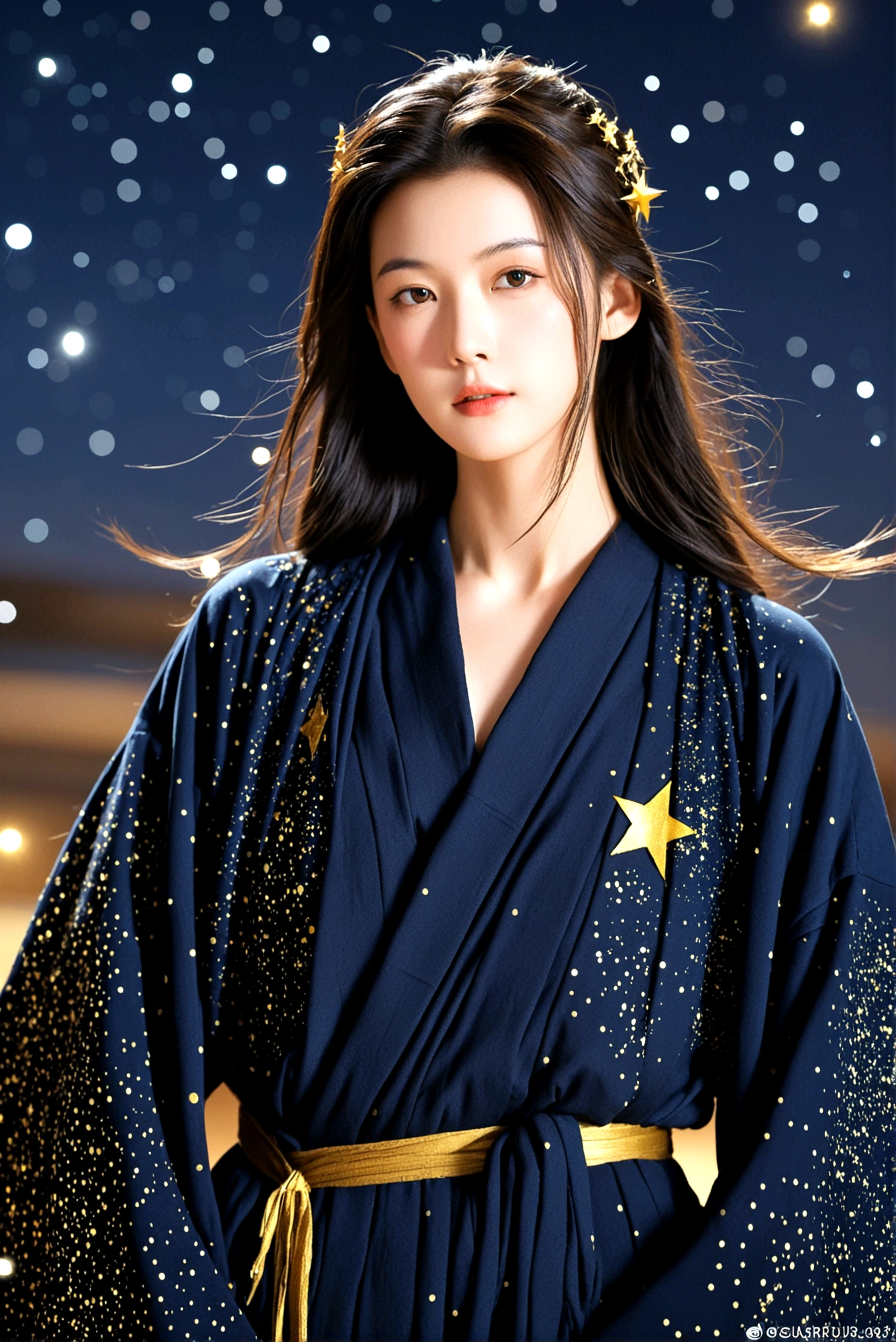 Dark ancient robe,Dotted with golden stars,Sophisticated attire,Long hair,female,Astrologer,1.85 meters