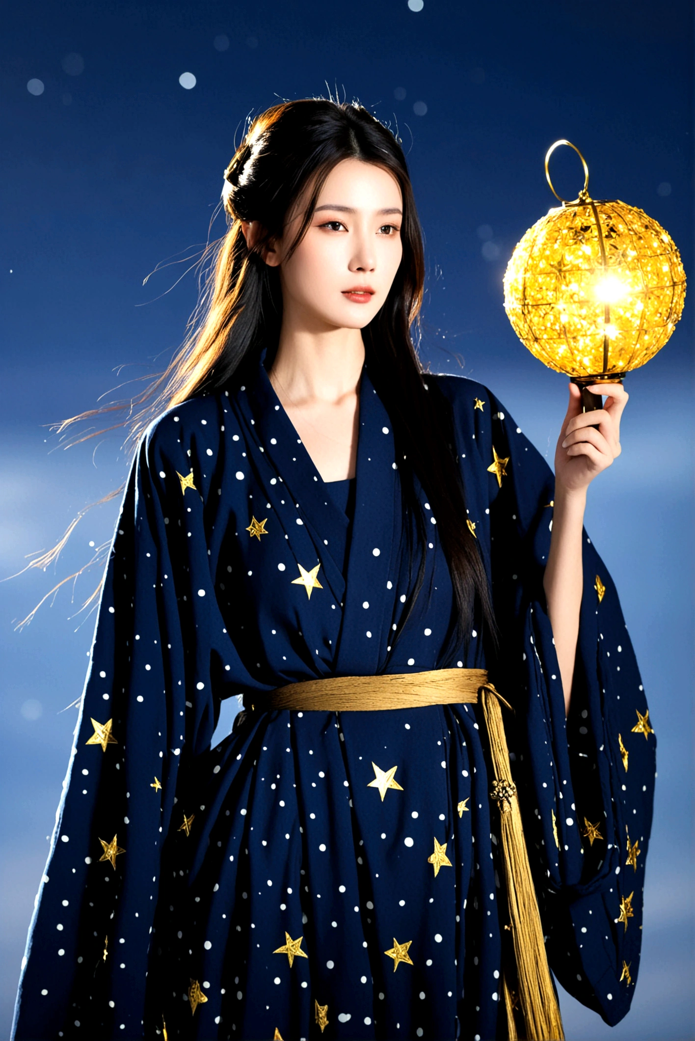 Dark ancient robe,Dotted with golden stars,Sophisticated attire,Long hair,female,Astrologer,1.85 meters