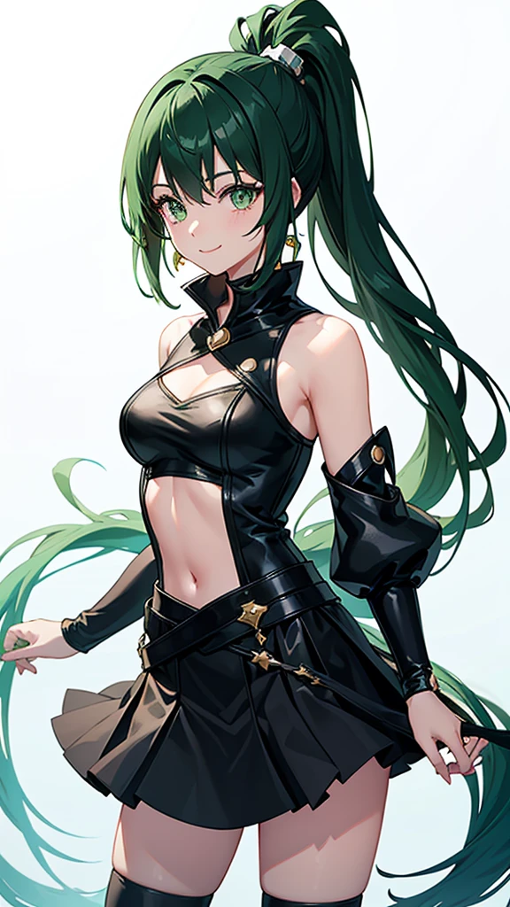 Young girl, long green hair, purple eyes, cat ears, smirk, superhero form, pants, open belly, inner sideboob, masterpiece, high quality