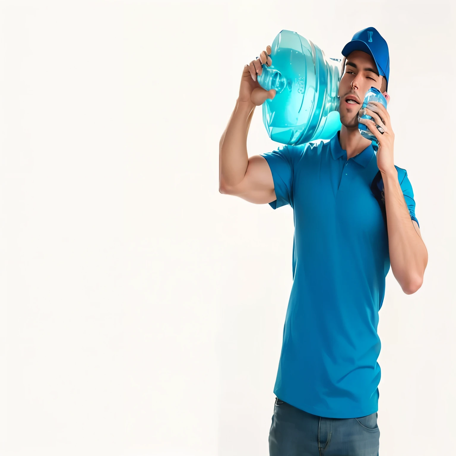 fit man talking on cell phone while holding a bottle of water, official product photo, holding a bottle, full length portrait holding bottle, compressed jpeg, commercial shot, promo image, photo - shot, publicity photo, hydration, very thirsty, still photo, promo photo, water water, foto legal de marketing, Water pipe, promo photo, wearing plumber uniform