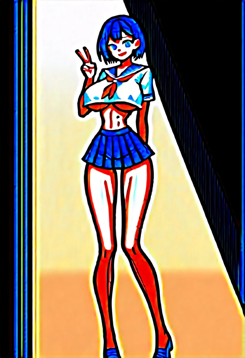 (masterpiece, best quality:1.2), front shot, beautiful 1girl, (super big breasts, micro waist, very long legs:1.4), Black hair, short bob hair, short height, scrawny and thin body, thin belly, Light Skin, cute big eyes, cute beautiful thin face, forced smile, Modest, serafuku, mini skirt, pigeon-toed, V sign, Long and thin navel, (beautiful visible ribs, Pelvis is prominent:1.2), (Arched back, wet and sweaty, Trembling)