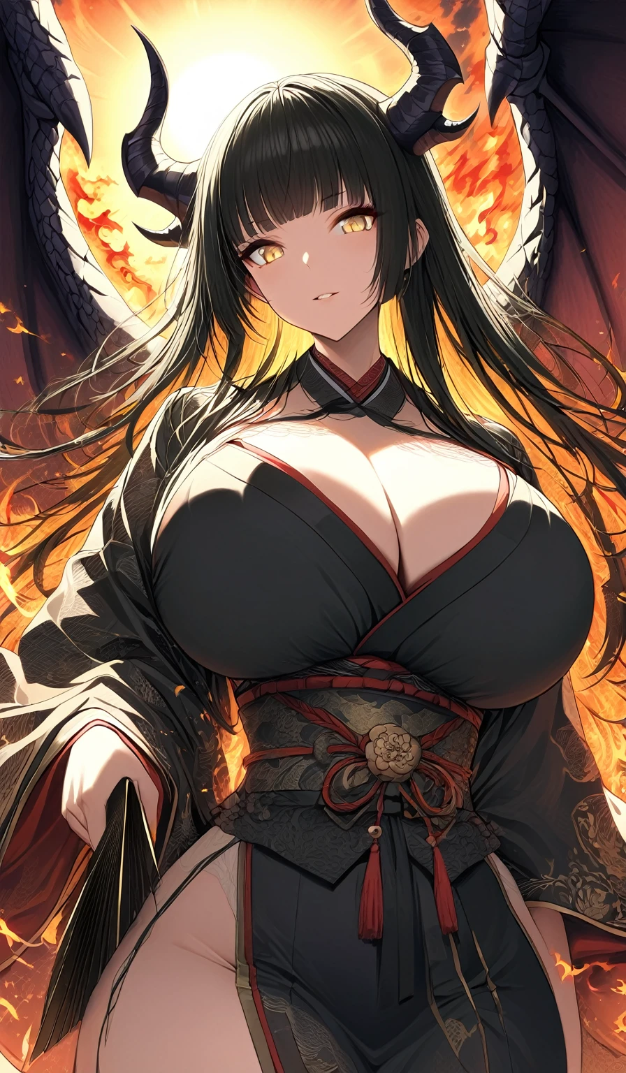 A masterpiece, very detailed, ultra detailed, one, (1 woman), a woman in Japanese traditional clothes of the feudal queen and with a traditional hand fan, light golden eyes, long black straight hair and straight bangs, with huge breasts, she with black demonic horns and black dragon wings with shades of fire, against the background of the sun, fire and flame