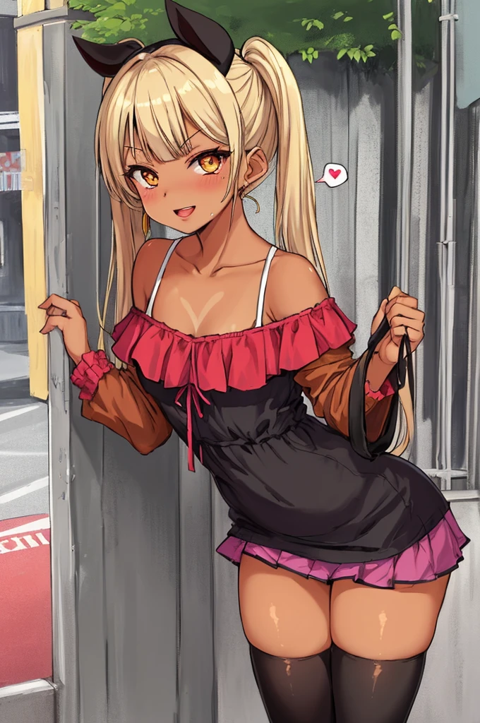 1girl,,tanned body,twintail,,,looking viewer,,,(((Gyaru))),glossy lips.(spoken heart),smirk,open mouth,outdoor,dress,off shoulder,miniskirt,thighhighs,