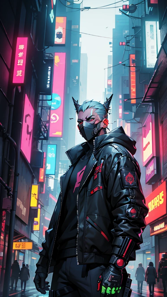 (best quality, ultra detailed), scifi, future, cyberpunk, 1boy, old man, solo, cowboy shot, looking viewer, oni_mask, (mask:1.2), <lora:oni_mask:0.9>, city, reflection, light particles, cinematic lighting,