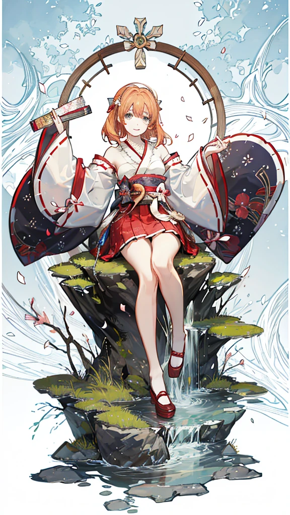 masterpiece, Highest quality, High resolution, One girl, Honoka, Shrine maiden, Hakama skirt, Sitting, shrine, smile