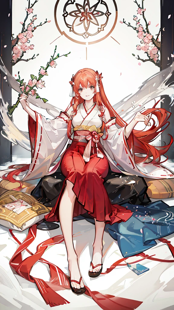 masterpiece, Highest quality, High resolution, One girl, Honoka, Shrine maiden, Hakama skirt, Sitting, shrine, smile