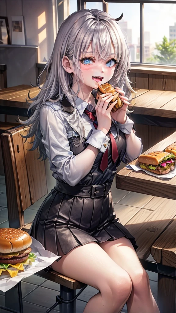 1 beauty,17-year-old high school girl, Watery Big Eyes,(Happy smile),long eyelasher, Blushlush,Black Perm Hair,At a table in a fast food restaurant, (Close your eyes, Smile and open your mouth wide), ((Gnawing on a grabbed hamburger with both hands)),(Eat cleanly)