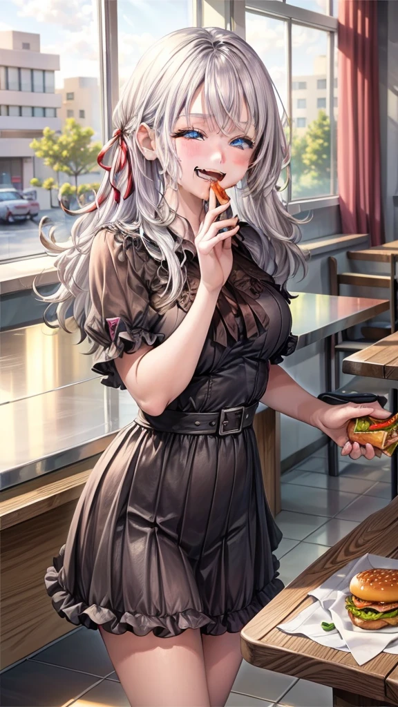 1 beauty，17-year-old high school girl, Watery Big Eyes，(Happy smile)，long eyelasher, Blushlush，Black Perm Hair,At a table in a fast food restaurant, (Close your eyes, Smile and open your mouth wide), ((Gnawing on a grabbed hamburger with both hands)),(Eat cleanly)