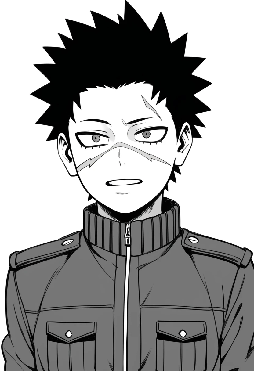 My hero academia, Athletic teenager, monochrome, unfinished, hatching (texture), lean build. short, spiky black hair tilted backwards, sharp, dark grey eyes. a small scar on his left eyebrow, U.A. High uniform with a custom jacket over it.