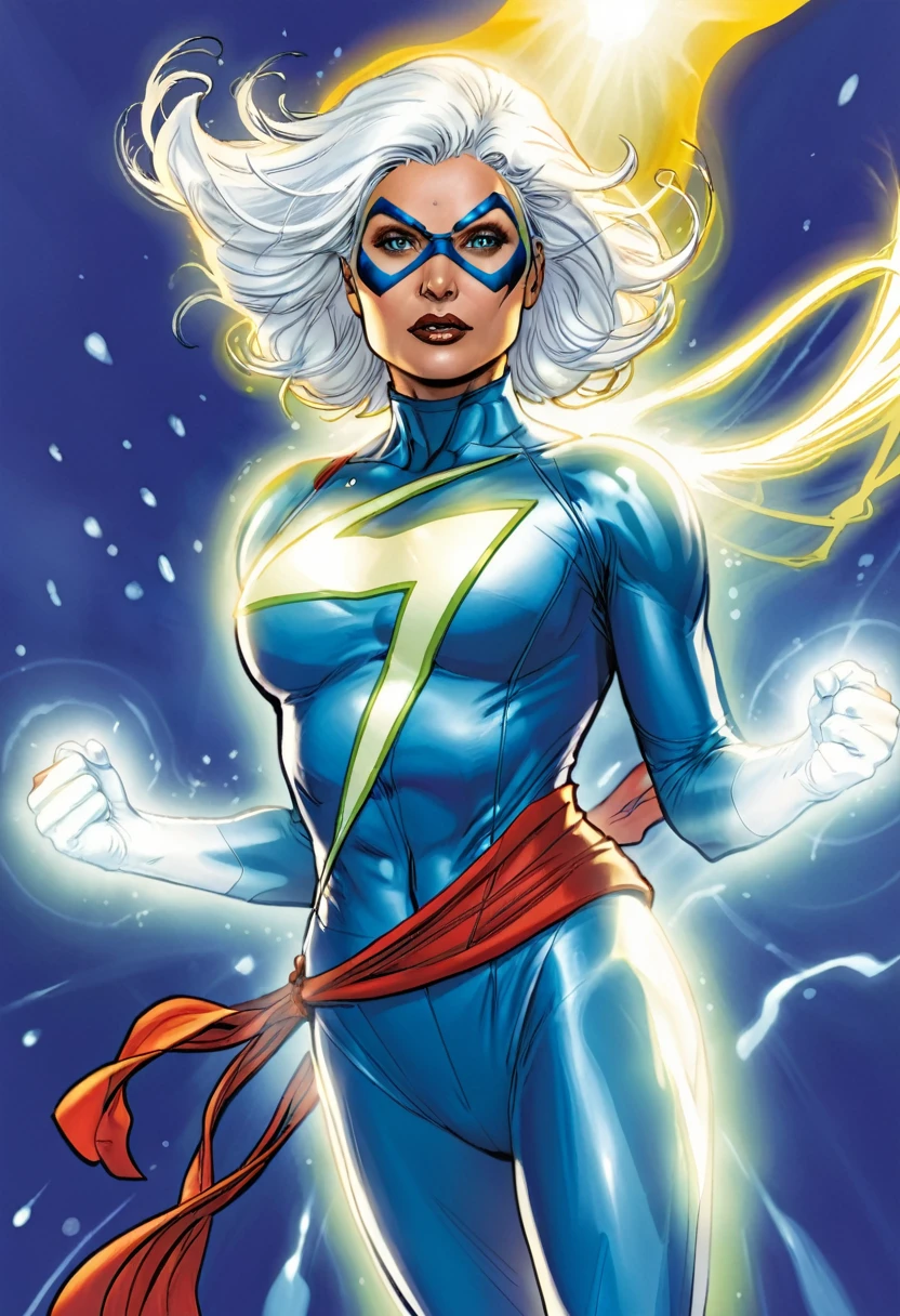 Centella, a Marvel avenger style Marvel Comics, with short and shiny hair, bright white and blue suit, capable of generating and controlling cosmic energy rays, fly at supersonic speeds, and resist strong impacts, whole body, feminine