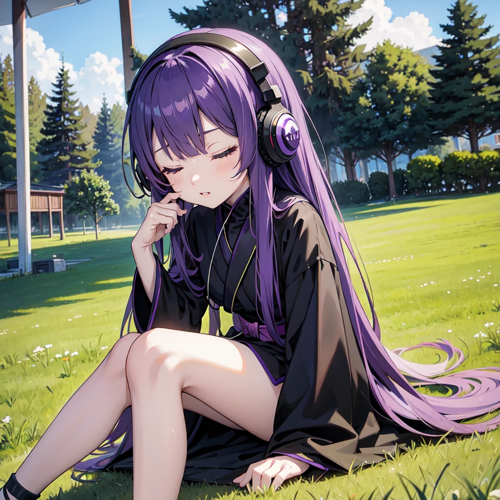1 person. Anime girl with long purple hair and black robe. Pointy ears. Cute as in manga. Sitting on grass with eyes closed. Headphones.